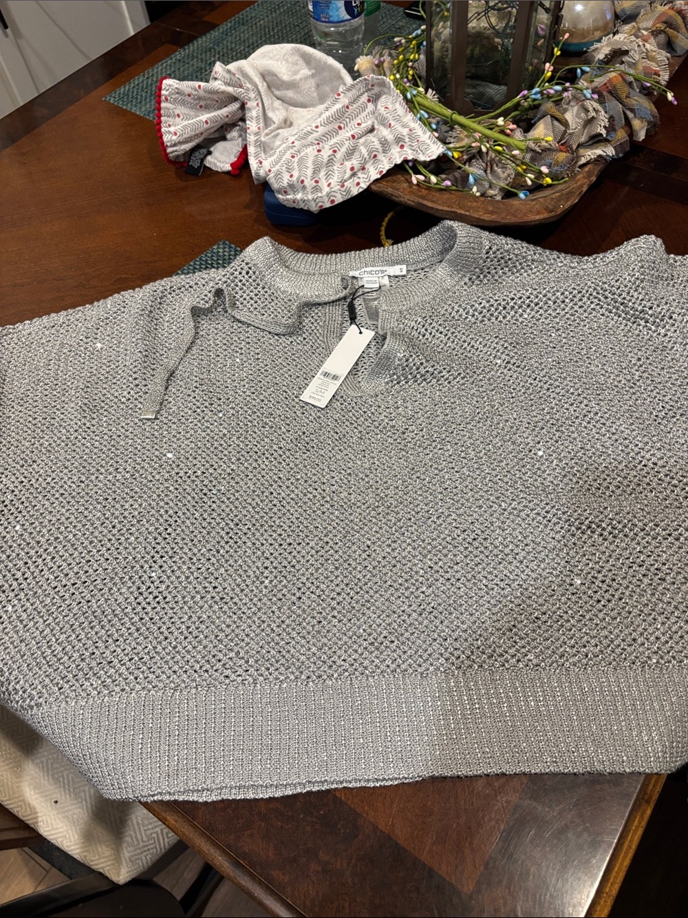 Chico's Silver Knit Crewneck Sweater with Subtle Shimmer